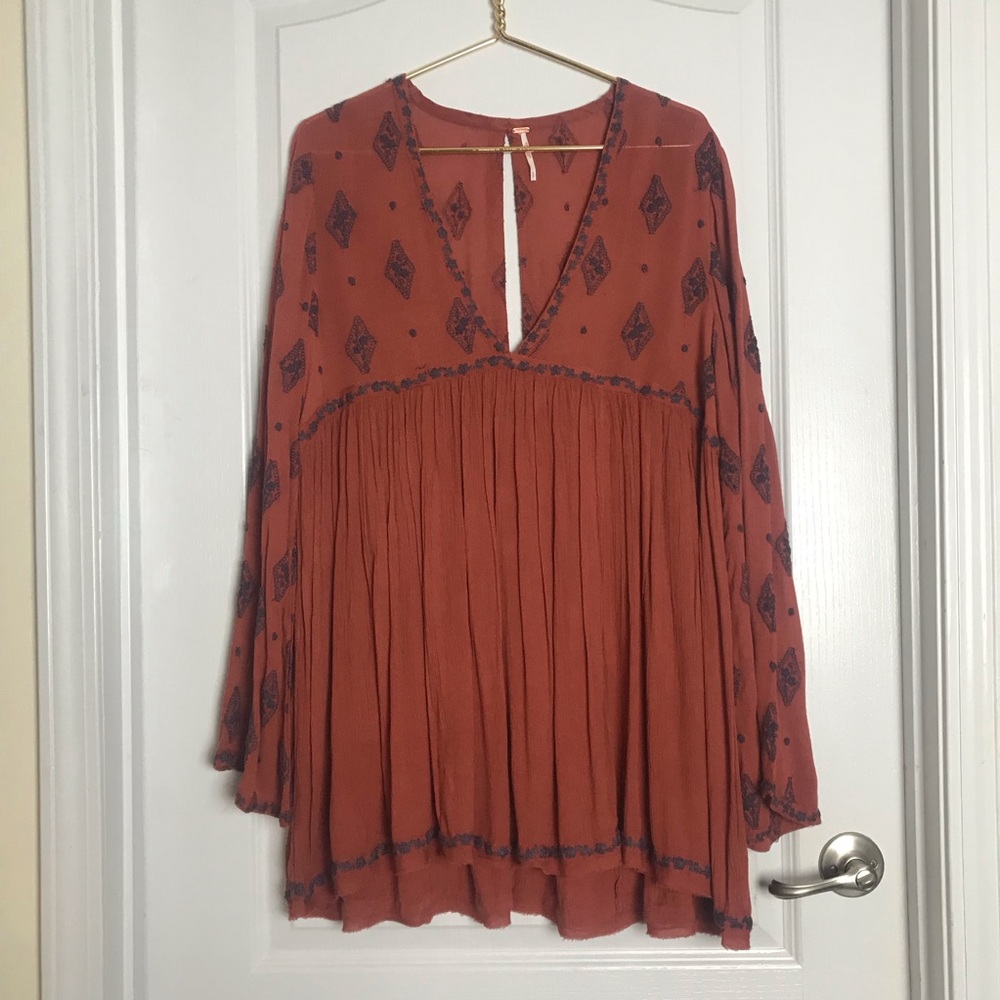 FREE PEOPLE Rust Orange Embroidered Mini Dress
